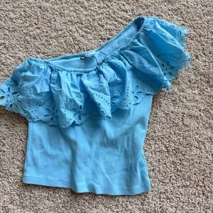 Zara Light Blue Ruffled Off-Shoulder Blouse